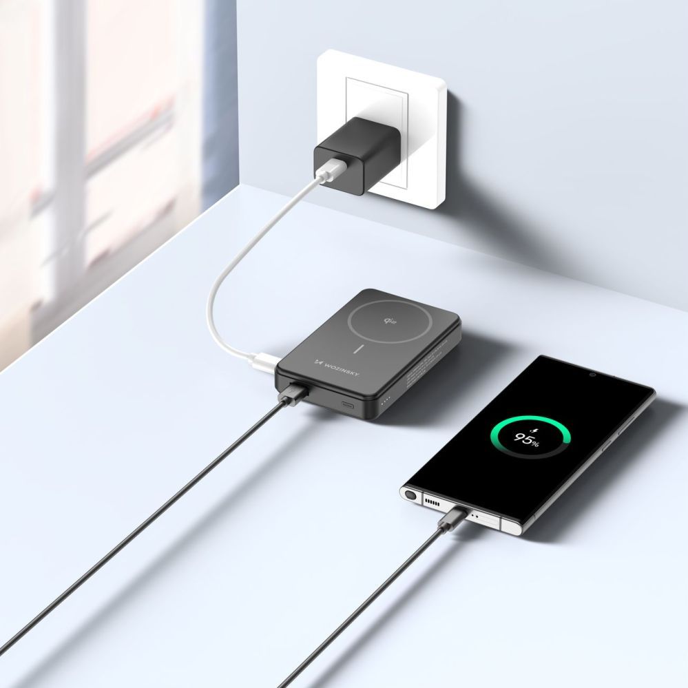 Ārējais akumulators Wozinsky Powerbank Wozinsky WLWP-10KA0Y3S 22.5W PD Qi2 10000 mAh, with stand, 1x USB-A, 1x USB-C - black