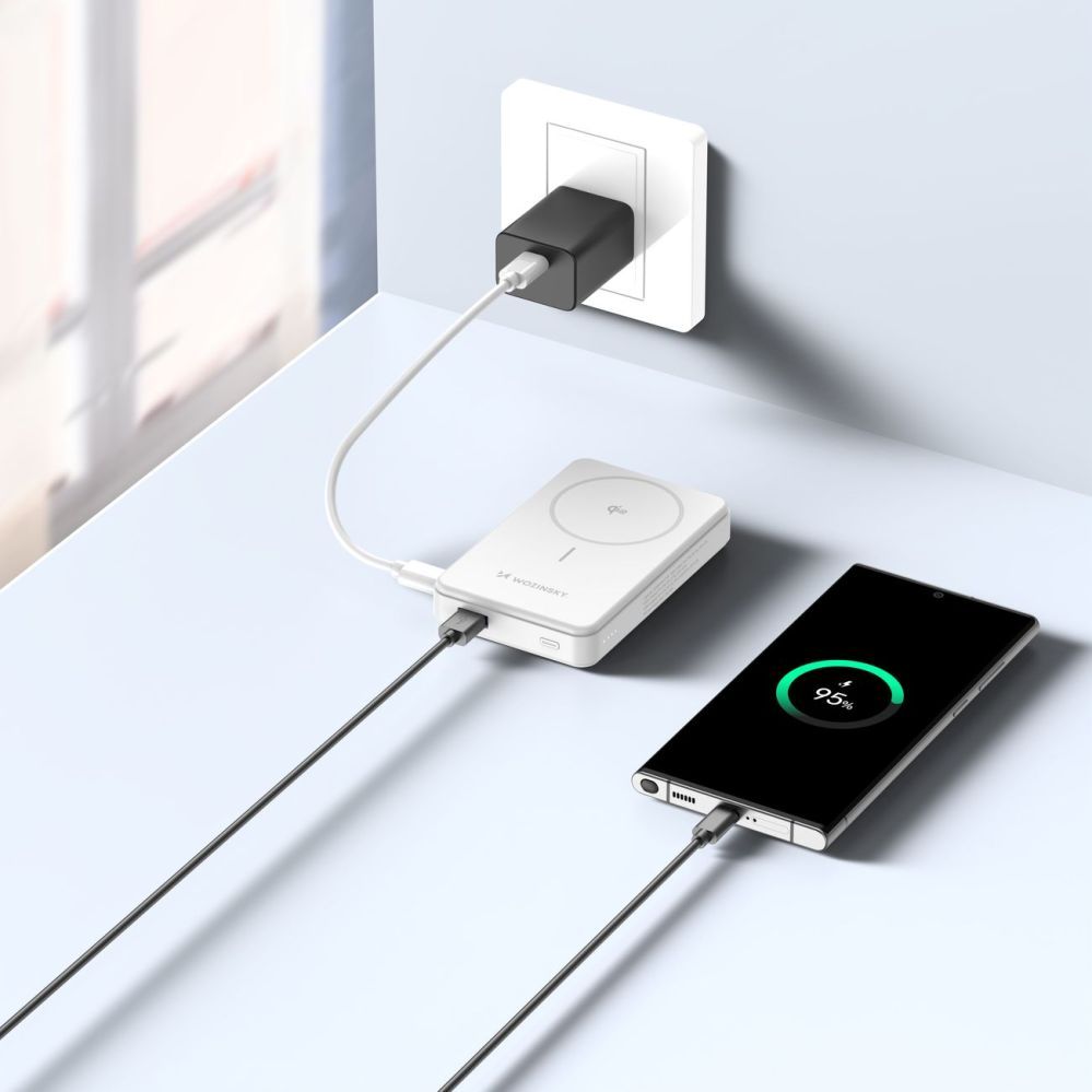 Väline aku Wozinsky Powerbank Wozinsky WLWP-10KA0Y3WS 22.5W PD Qi2 10000 mAh, with stand, 1x USB-A, 1x USB-C - white