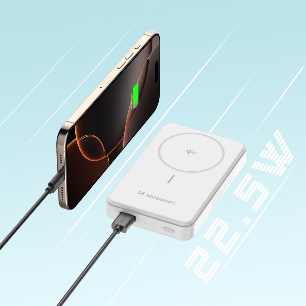 Väline aku Wozinsky Powerbank Wozinsky WLWP-10KA0Y3WS 22.5W PD Qi2 10000 mAh, with stand, 1x USB-A, 1x USB-C - white