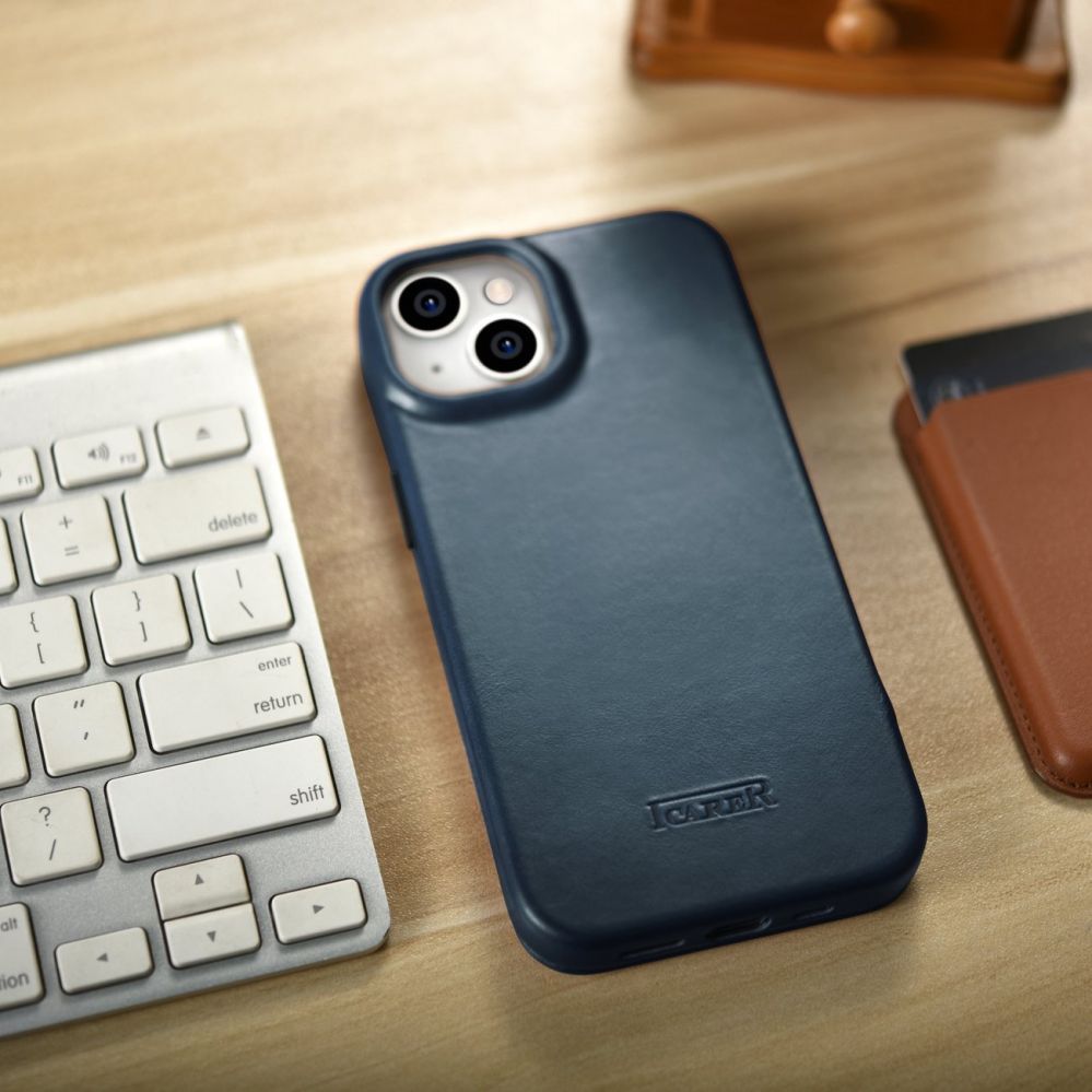 Tagakaaned iCarer iCarer CE Oil Wax Premium Leather Folio Case iPhone 14 Plus magnetic flip case MagSafe blue (AKI14220707-BU)