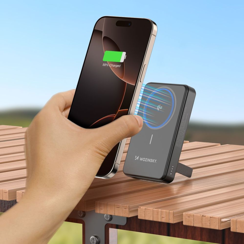 Ārējais akumulators Wozinsky Powerbank Wozinsky WLWP-10KA0Y3S 22.5W PD Qi2 10000 mAh, with stand, 1x USB-A, 1x USB-C - black