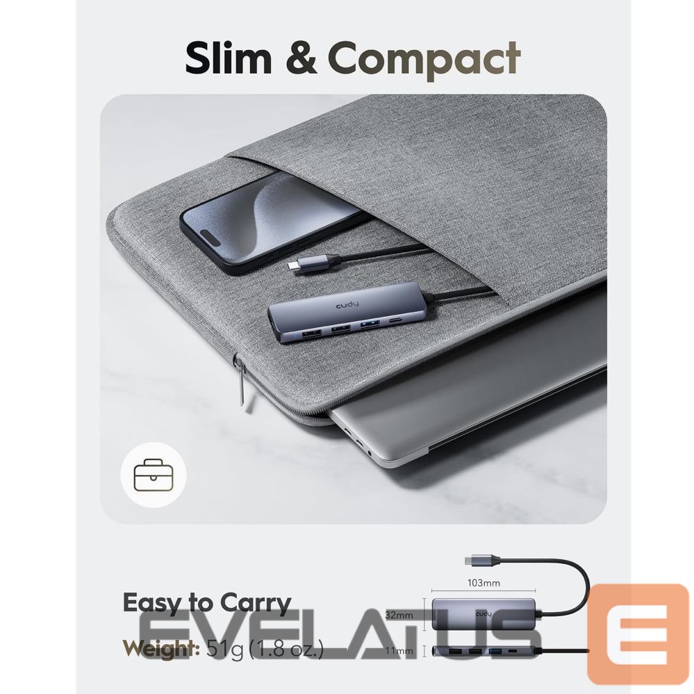 Ruuterid Cudy UH405 PortMate USB-C 5-in-1 Hub 4K HDMI USB-C PD USB-A 3.0 2.0 Aluminum Grey