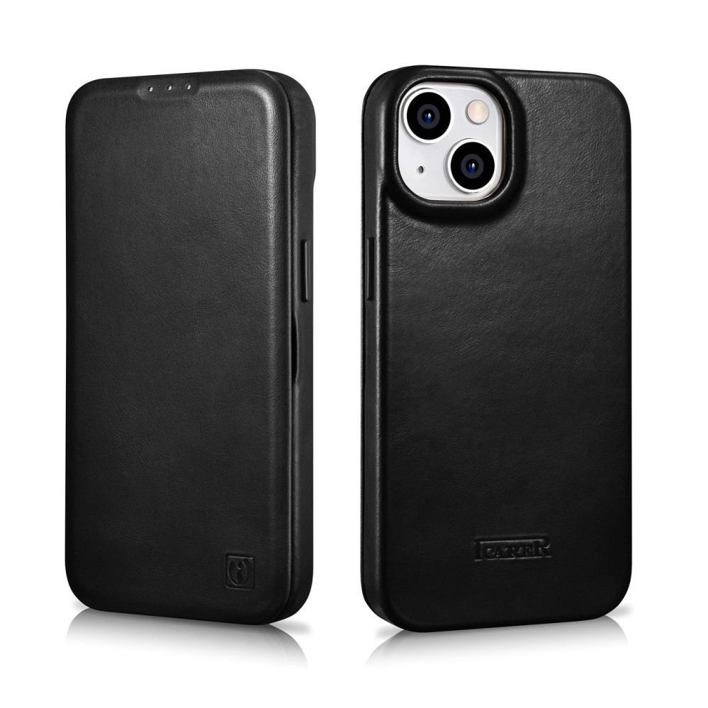 Back panel cover iCarer iCarer CE Oil Wax Premium Leather Folio Case Leather Case iPhone 14 Plus Magnetic Flip MagSafe Black (AKI14220707-BK)