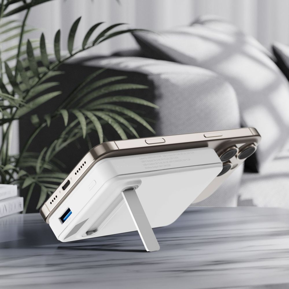 Väline aku Wozinsky Powerbank Wozinsky WLWP-10KA0Y3WS 22.5W PD Qi2 10000 mAh, with stand, 1x USB-A, 1x USB-C - white