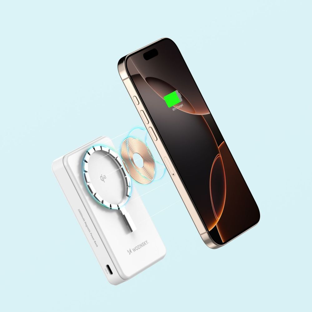 Väline aku Wozinsky Powerbank Wozinsky WLWP-10KA0Y3WS 22.5W PD Qi2 10000 mAh, with stand, 1x USB-A, 1x USB-C - white