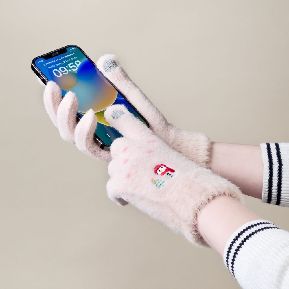 Bicycle accessory Hurtel Women's winter telephone gloves with a snowman and a Christmas tree - beige