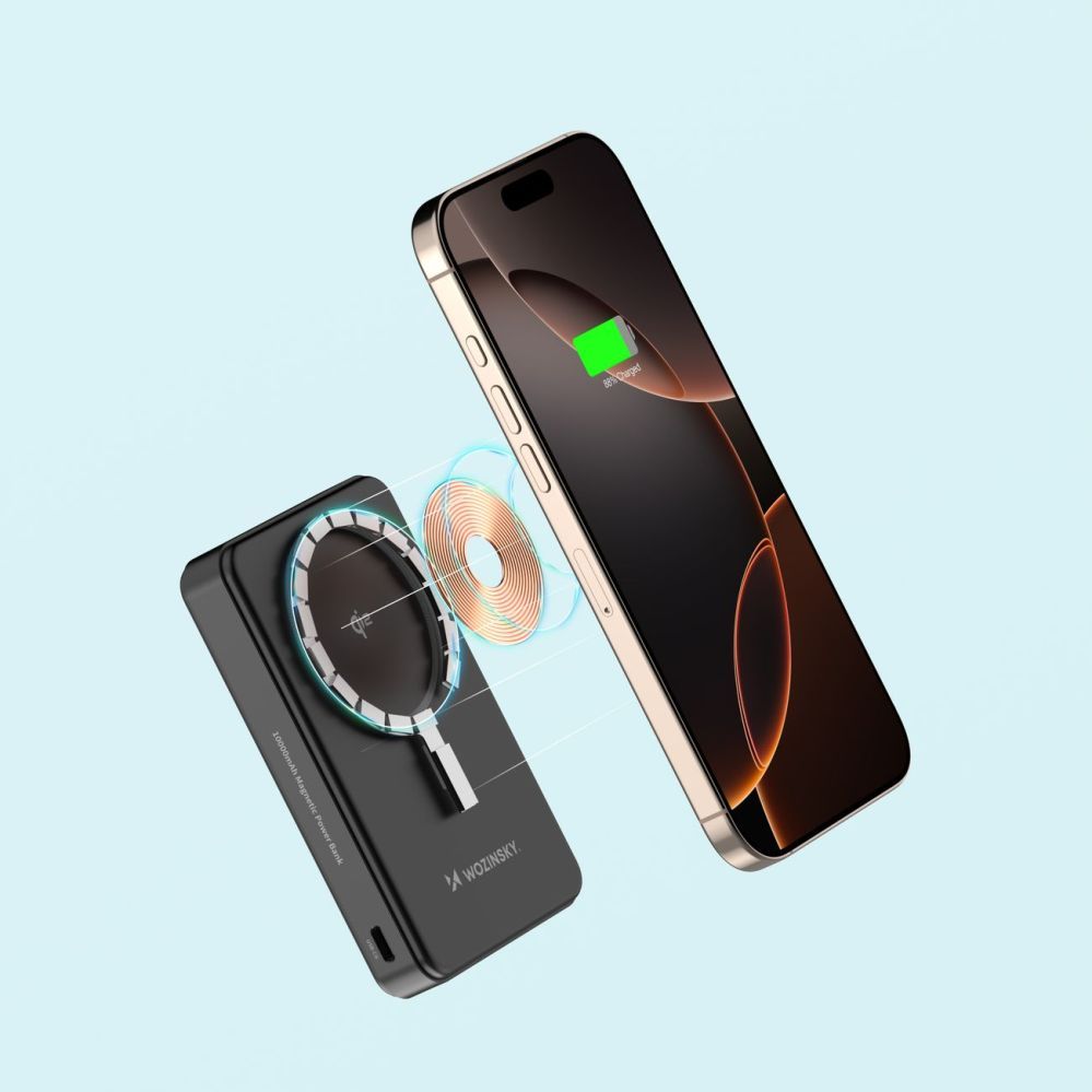 Ārējais akumulators Wozinsky Powerbank Wozinsky WLWP-10KA0Y3S 22.5W PD Qi2 10000 mAh, with stand, 1x USB-A, 1x USB-C - black