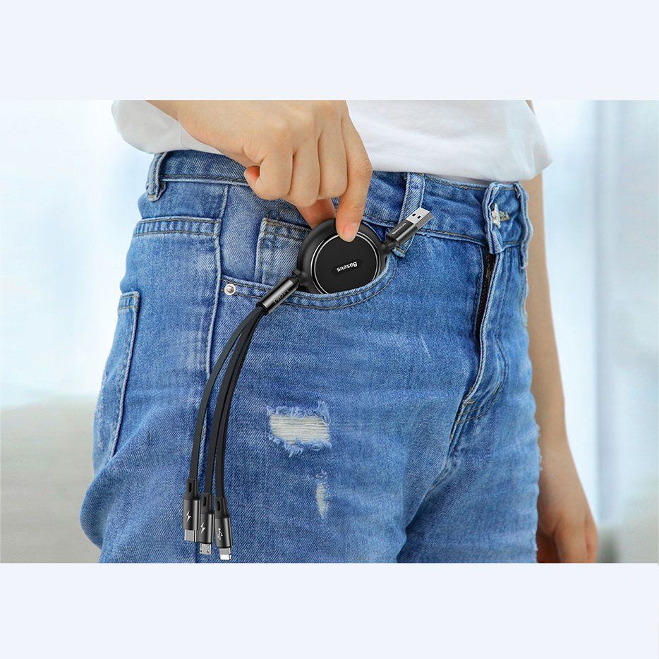 Cable Baseus Baseus Golden Loop 3in1 retractable cable USB - micro USB / Lightning / USB-C 3.5A 35cm - 120cm black (CAMLT-JH01)