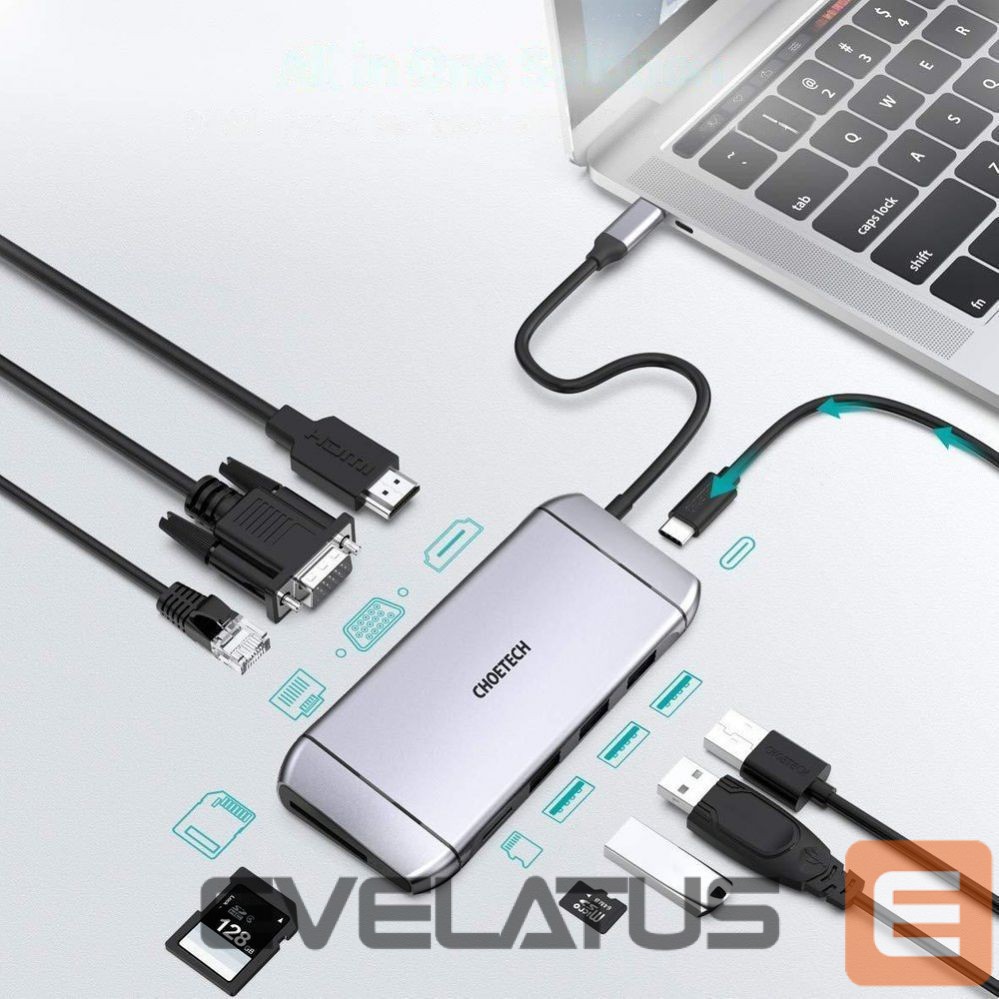 Muu arvutitarvik Choetech Choetech 9in1 multifunctional USB Type C HUB - 3x USB 3.2 Gen 1 / SD and TF memory card reader / HDMI 4K 30Hz / VGA Full HD 60Hz / USB Type C / RJ45 gray (HUB-M15 gray)