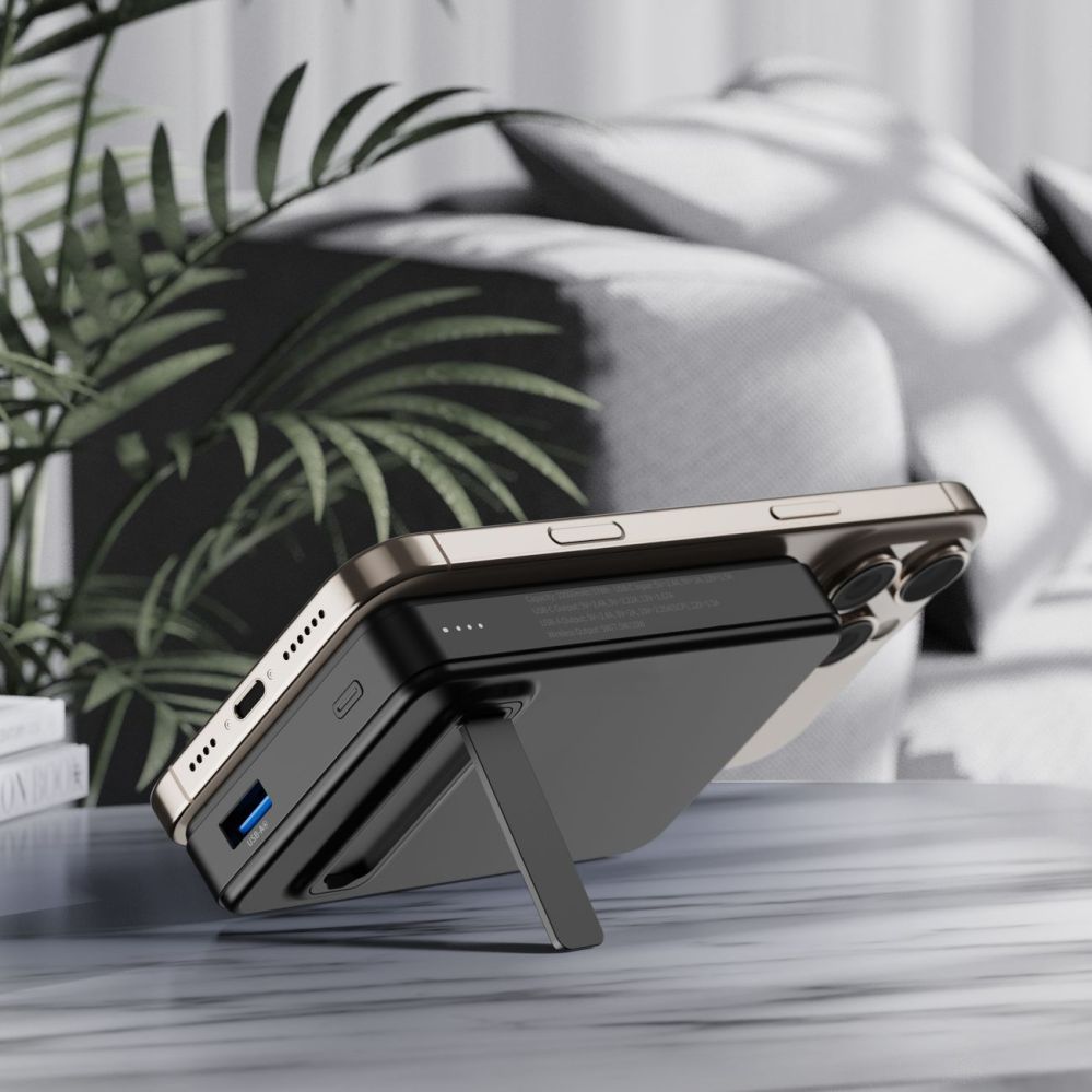 Ārējais akumulators Wozinsky Powerbank Wozinsky WLWP-10KA0Y3S 22.5W PD Qi2 10000 mAh, with stand, 1x USB-A, 1x USB-C - black