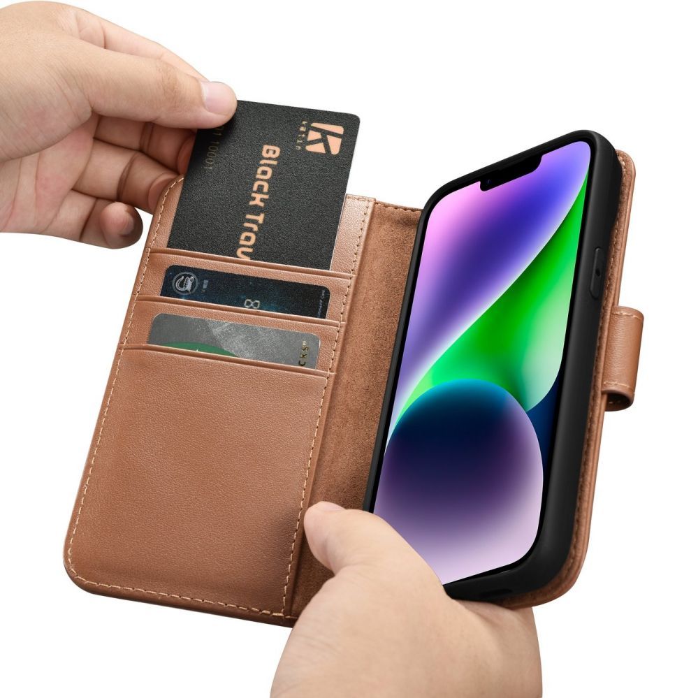 Tagakaaned iCarer iCarer Wallet Case 2in1 case iPhone 14 leather cover with flap Anti-RFID brown (WMI14220725-BN)