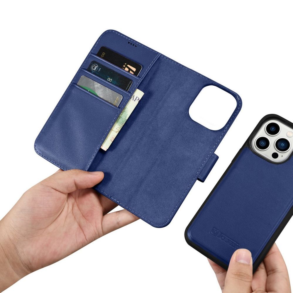 Tagakaaned iCarer iCarer Wallet Case 2in1 Cover iPhone 14 Pro Max Leather Flip Case Anti-RFID Blue (WMI14220728-BU)