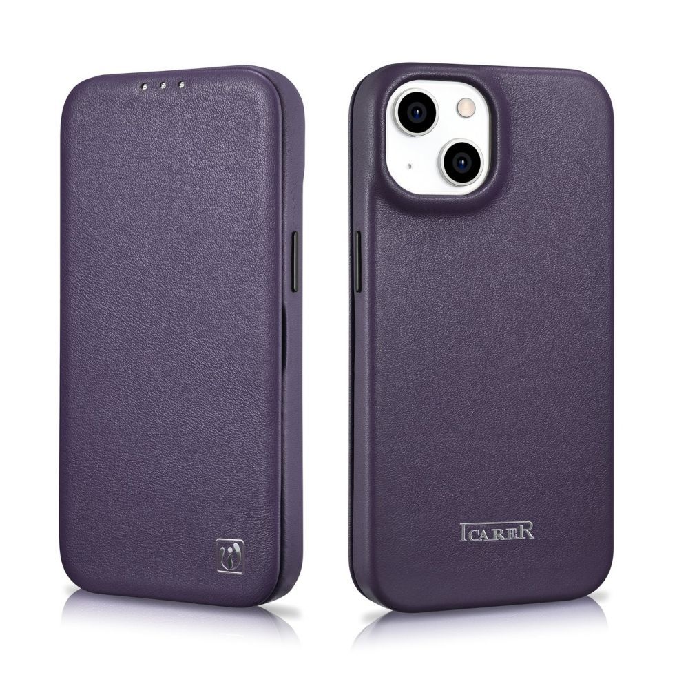 Back panel cover iCarer iCarer CE Premium Leather Folio Case iPhone 14 Plus Magnetic Flip Leather Folio Case MagSafe Dark Purple (WMI14220715-DP)