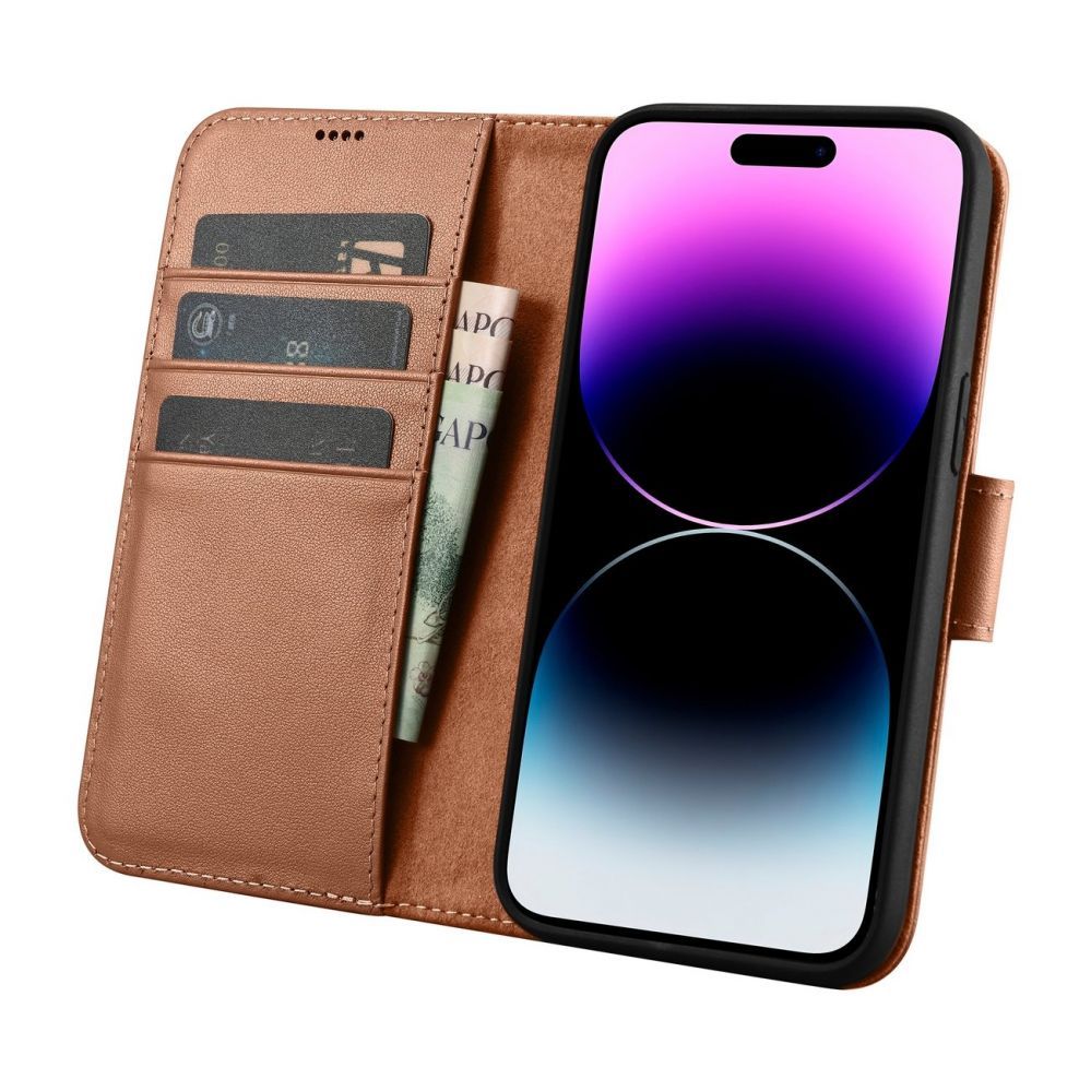 Tagakaaned iCarer iCarer Wallet Case 2in1 Cover iPhone 14 Pro Max Leather Flip Cover Anti-RFID Brown (WMI14220728-BN)