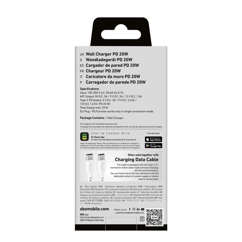 Adaptrid SBS SBS TETRPD20W 20W USB-A USB-C Wall Charger with Power Delivery - White