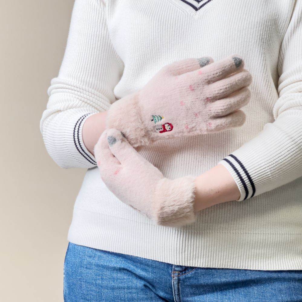 Bicycle accessory Hurtel Women's winter telephone gloves with a snowman and a Christmas tree - beige