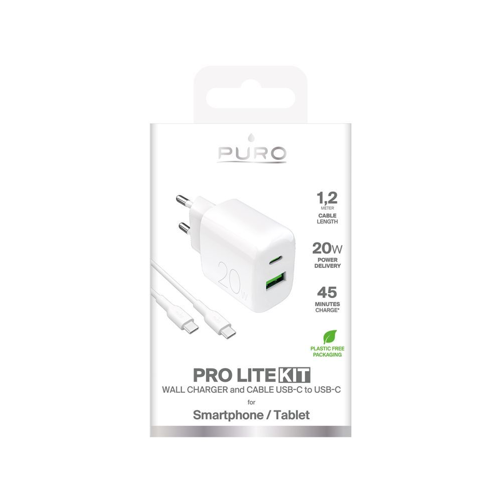 Adaptrid Puro Puro PROLITE 20W USB-A / USB-C wall charger + USB-C - USB-C cable 1.2m - white