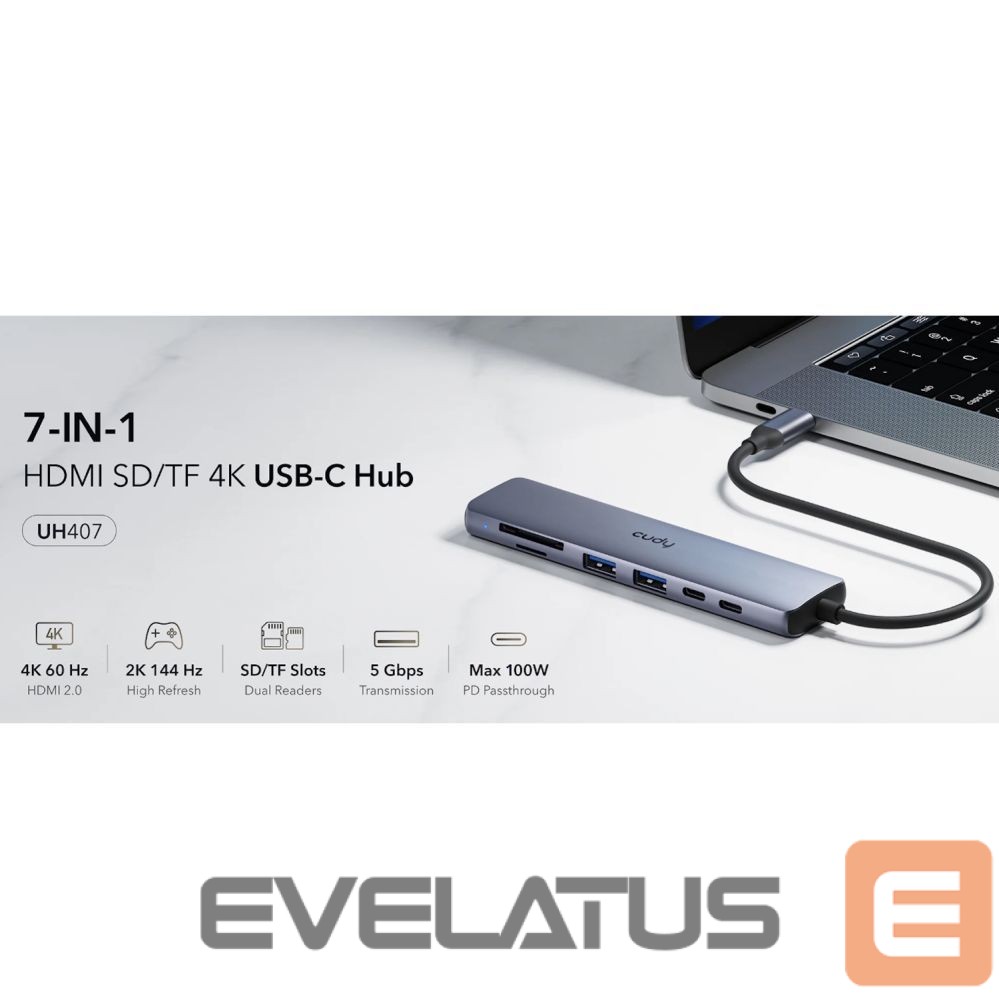 Routers Cudy UH407 PortMate USB-C 7-in-1 Hub 4K 60Hz HDMI USB-C PD USB-A SD TF Aluminum Grey