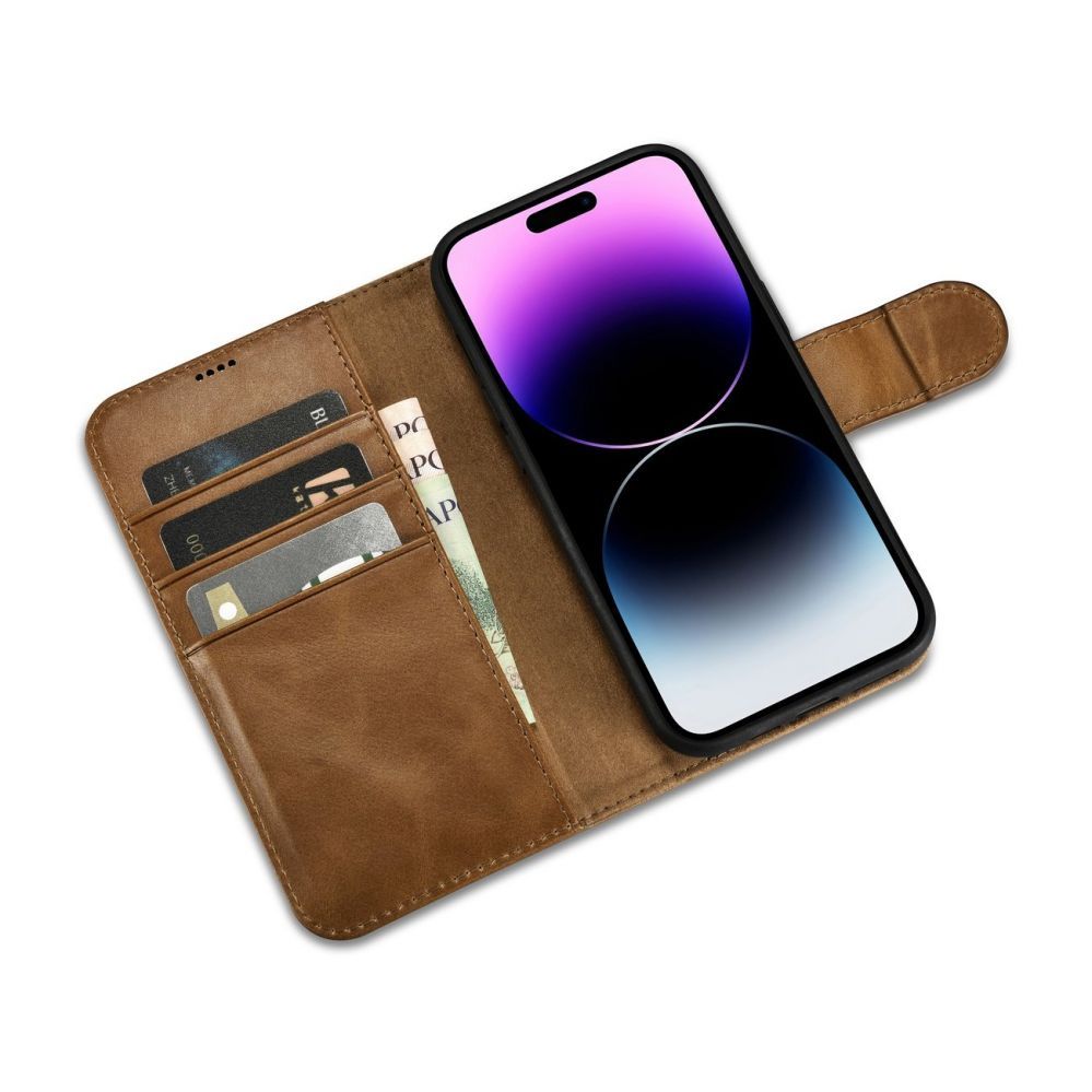 Back panel cover iCarer iCarer Oil Wax Wallet Case 2in1 Cover iPhone 14 Pro Anti-RFID Leather Flip Case Brown (WMI14220722-TN)
