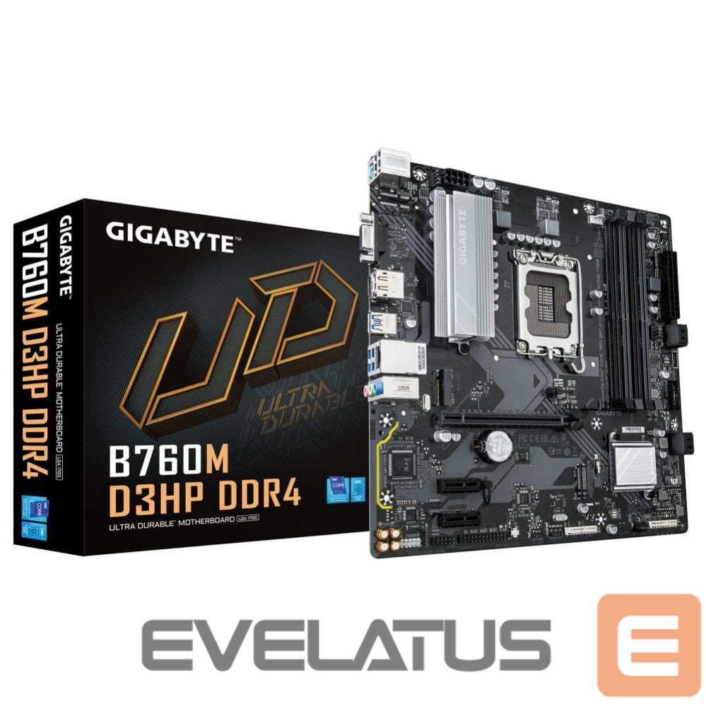 Motherboard for Intel processors Gigabyte Mainboard||Intel B760 Express|LGA1700|Micro-ATX|Memory DDR4|Memory slots 4|2xPCI-Express 3.0 1x|1xPCI-Express 4.0 16x|2xM.2|1x15pin D-sub|1xHDMI|1xDisplayPort|6xUSB 2.0|5xUSB 3.2|1xUSB-C|1xPS/2|1xRJ45|3xAudio port|B760MD3HPDDR4