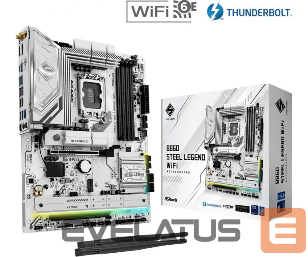 Intel protsessori emaplaat Asrock Mainboard||Intel B860 Express|LGA1851|ATX|Memory DDR5|Memory slots 4|1xPCI-Express 4.0 16x|1xPCI-Express 5.0 16x|1xM.2|1xHDMI|1xDisplayPort|1xAudio-Out|1xMicrophone|3xUSB 2.0|6xUSB 3.2|1xUSB-C w/Thunderbolt|1xOptical S/PDIF|1xRJ45|B860STEELLEGENDWIFI