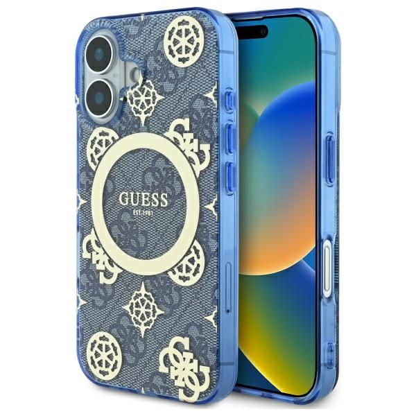 Other Phone Accessory Guess Guess IML Peony On 4G Background MagSafe case for iPhone 16 - blue