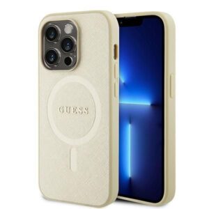 Nugarėlės dėklai Guess  Guess GUHMP15LPSAHMCB iPhone 15 Pro 6.1" gold/gold hardcase Saffiano MagSafe 