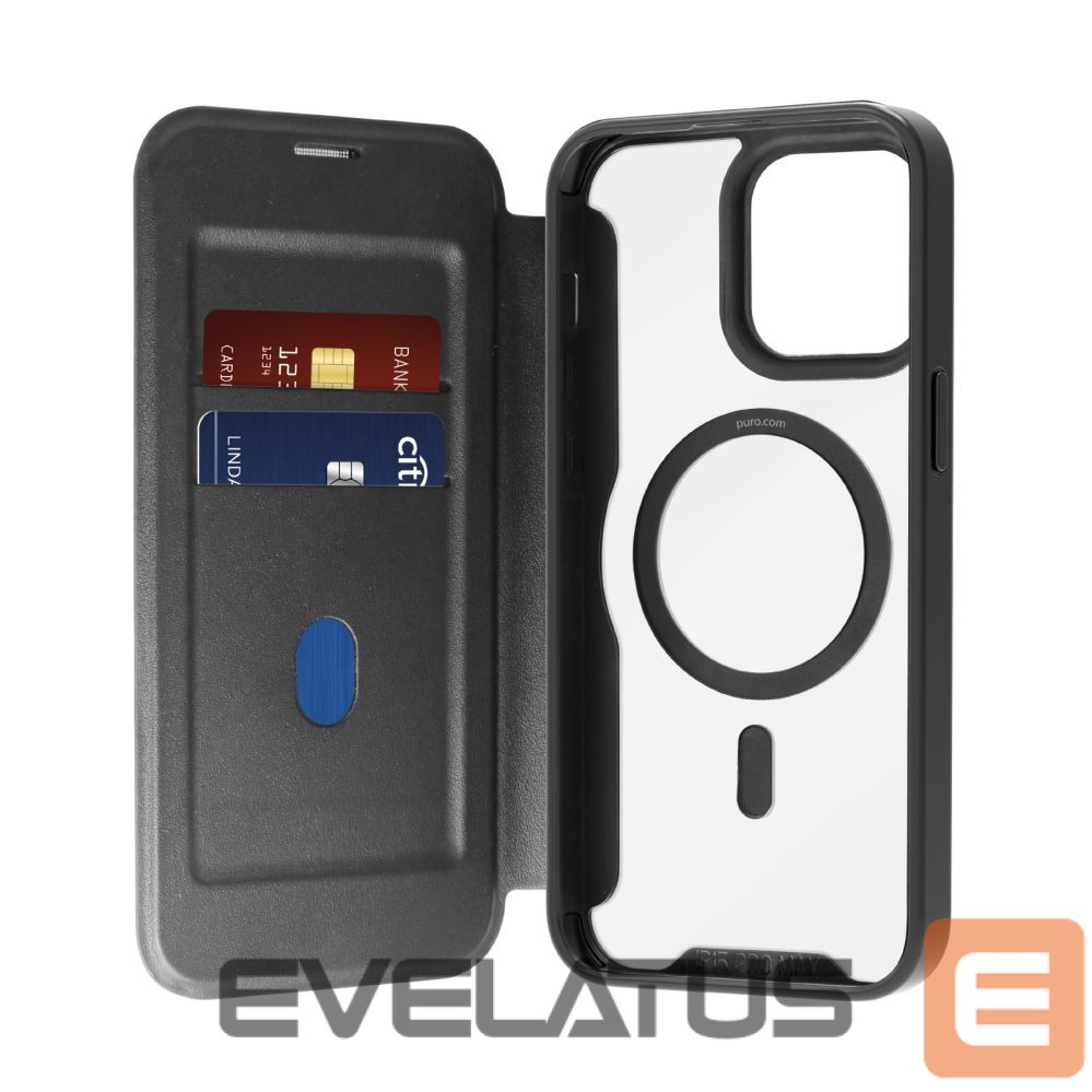 Tagakaaned Puro Puro Book Mag MagSafe Leather Case with Flap and Card Slot for iPhone 16 Pro Max - Black