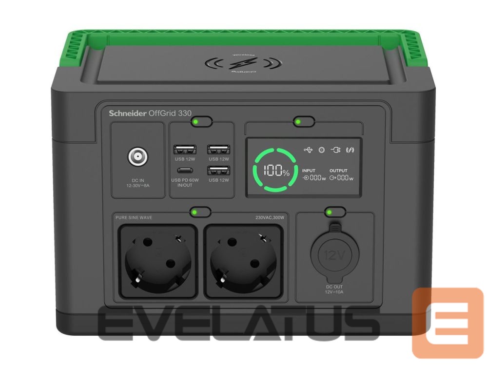 Serverid Schneider Electric APC OffGrid Portable Power Station 330, 230V, 332Wh Lithium-ion, LCD, 2 CEE 7/3 Schuko outlets, Sinewave, 3 USB-A, 1 USB-C, Wireless Charger |
