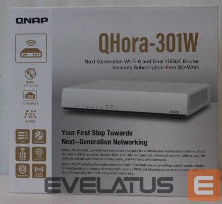 Routers QNAP SALE OUT. QHora-301W WiFi 6 up to 3.5Gbps Speed AX optimized Quad-Core Processor 4x4 MU-MIMO & OFDMA 2* 10GbE (Multi-Gig) WAN/LAN adjus | Dual bandRouter | QHora-301W | 802.11ax | Ethernet LAN (RJ-45) ports 6 | Mesh Support Yes | MU-MiMO Yes | No mobile broadband | Antenna type Internal | 36 month(s) | UNPACKED