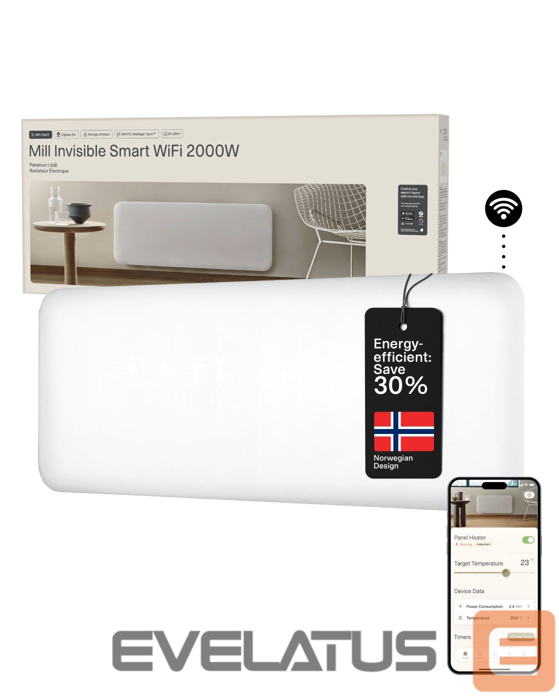 Radiaator Mill Invisible Smart WiFi Heater | PA2000WIFI4 | Panel Heater | 2000 W | Suitable for rooms up to 24-28 m² | White | IPX4