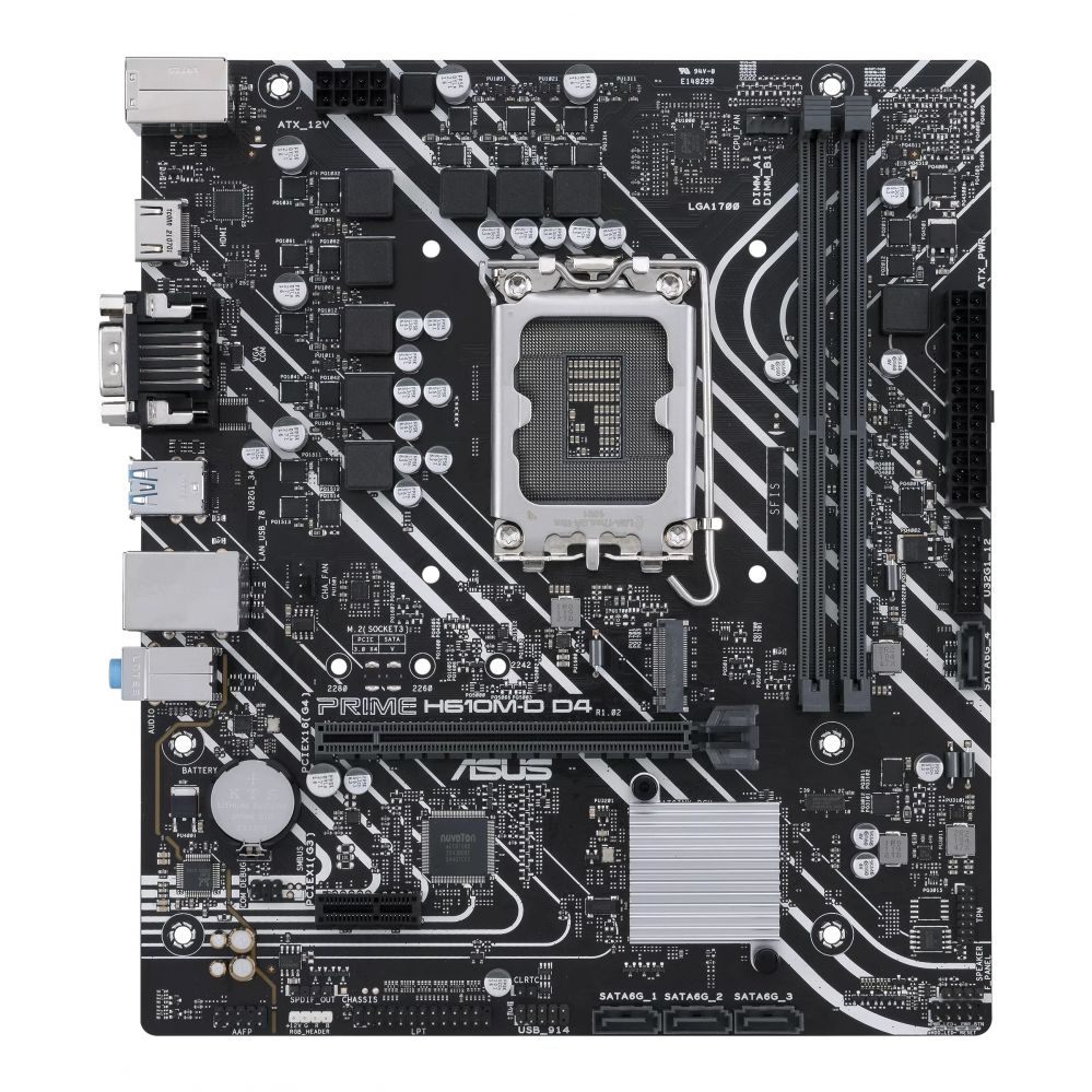 Intel protsessori emaplaat Asus PRIME H610M-D D4 Processor family Intel, Processor socket LGA1700, DDR4 DIMM, Memory slots 2, Supported hard disk drive interfaces SATA, M.2, Number of SATA connectors 4, Chipset Intel H610, mATX