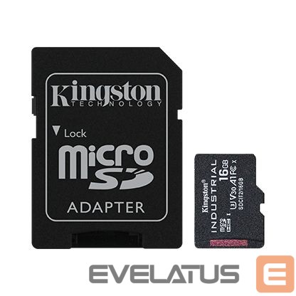 Memory cards Kingston UHS-I 16 GB, microSDHC/SDXC Industrial Card, Flash memory class Class 10, UHS-I, U3, V30, A1, SD Adapter