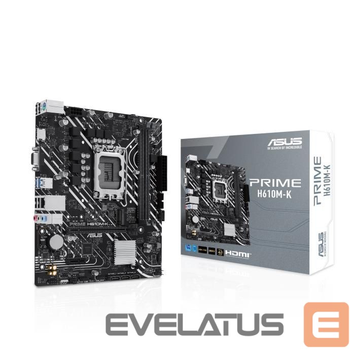 Motherboard for Intel processors Asus Mainboard||Intel H610|LGA1700|Micro-ATX|Memory DDR5|Memory slots 2|1xPCI-Express 3.0 1x|1xPCI-Express 4.0 16x|1xM.2|1x15pin D-sub|1xHDMI|4xUSB 2.0|2xUSB 3.2|1xPS/2|1xRJ45|3xAudio port|PRIMEH610M-K