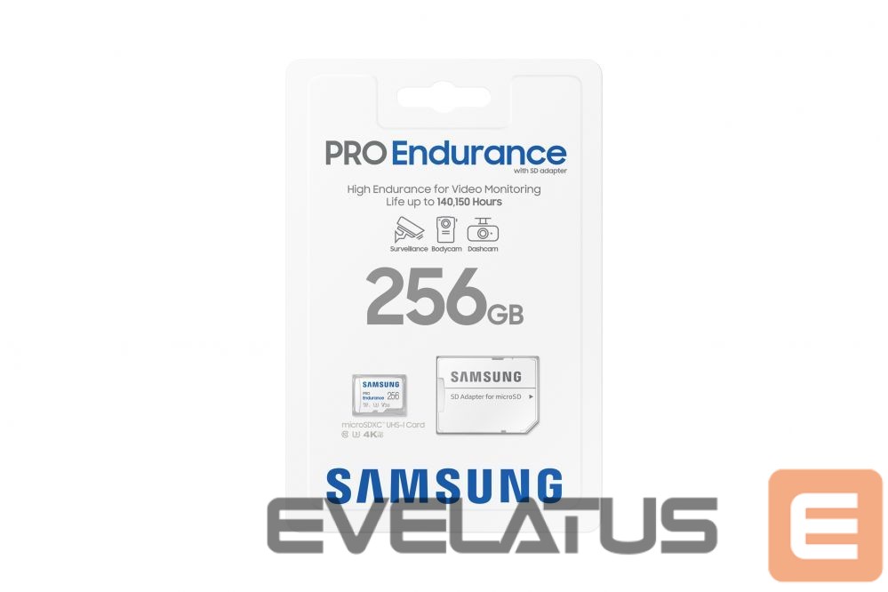 Mälukaardid Samsung PRO Endurance MB-MJ256KA/EU 256 GB, MicroSD Memory Card, Flash memory class U3, V30, Class 10, SD adapter