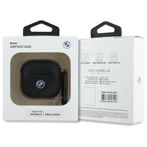 Citas preces BMW BMW BMA4SSLBK AirPods 4 cover black/black Geniune Leather Silver Logo