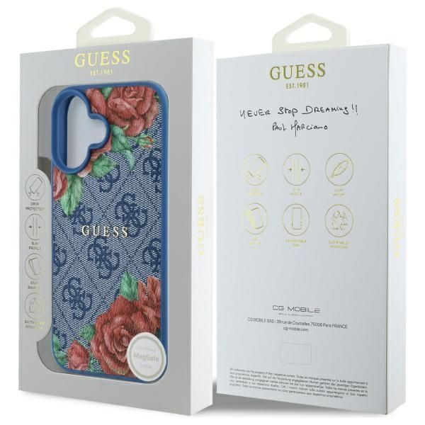 Citas preces Guess Guess GUHMP16SP4ROPEMCB iPhone 16 6.1" blue/blue hardcase 4G Flowers Print MagSafe