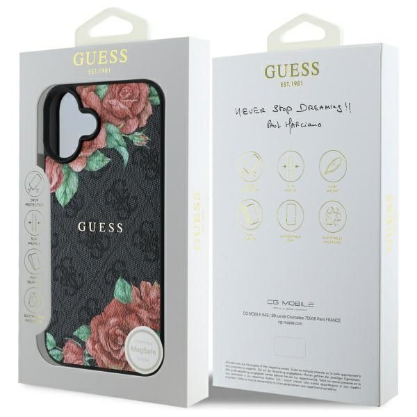 Citas preces Guess Guess GUHMP16SP4ROPEMCK iPhone 16 6.1" black/black hardcase 4G Flowers Print MagSafe
