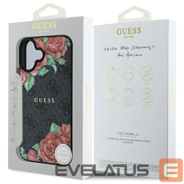 Citas preces Guess Guess GUHMP16SP4ROPEMCK iPhone 16 6.1" black/black hardcase 4G Flowers Print MagSafe