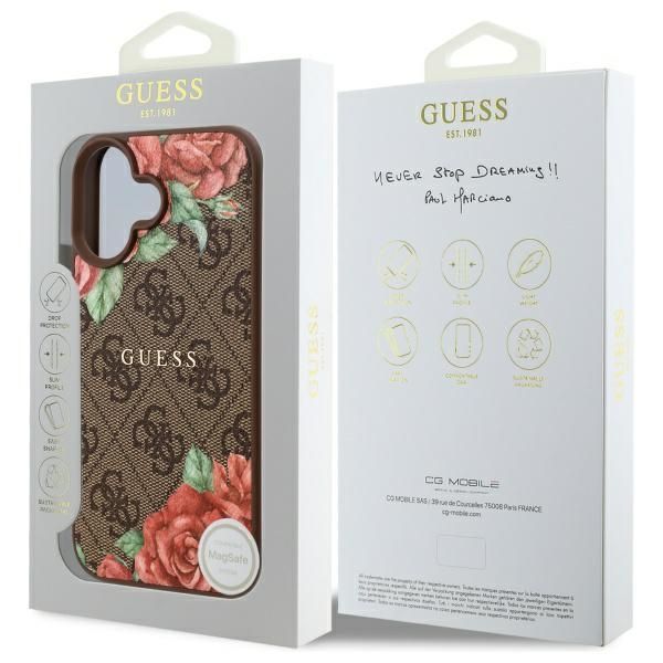 Citas preces Guess Guess GUHMP16SP4ROPEMCW iPhone 16 6.1" brown/brown hardcase 4G Flowers Print MagSafe