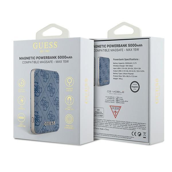 Citas preces Guess Guess Powerbank inductive 15W GUPB5FP4EMGB 5000mAh blue/blue 4G Leather Metal Logo MagSafe