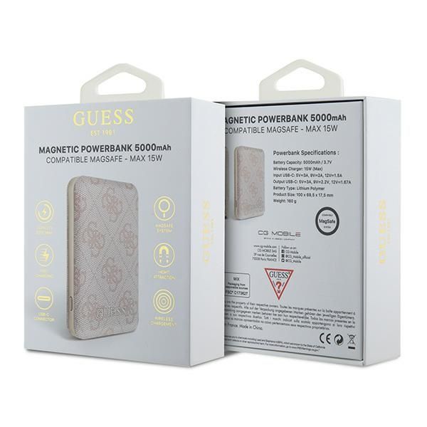 Citas preces Guess Guess Powerbank inductive 15W GUPB5FP4EMGP 5000mAh pink/pink 4G Leather Metal Logo MagSafe