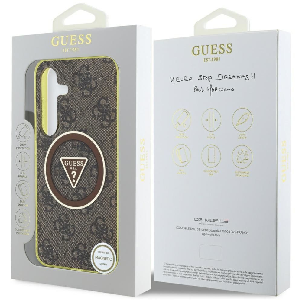 Citas preces Guess Guess 4G Glitter Triangle Buttons MagSafe Case for Samsung Galaxy S25 Brown