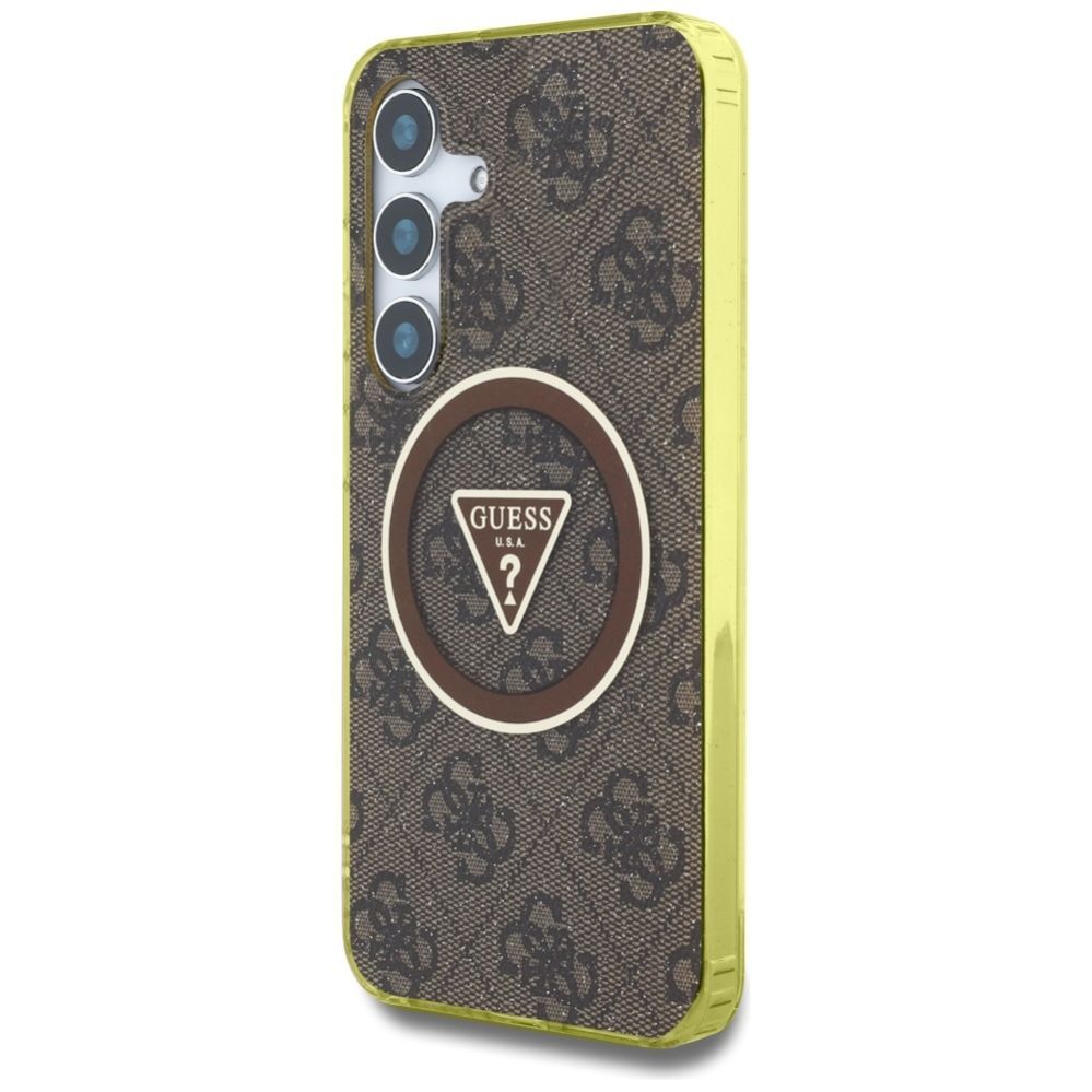 Citas preces Guess Guess 4G Glitter Triangle Buttons MagSafe Case for Samsung Galaxy S25 Brown