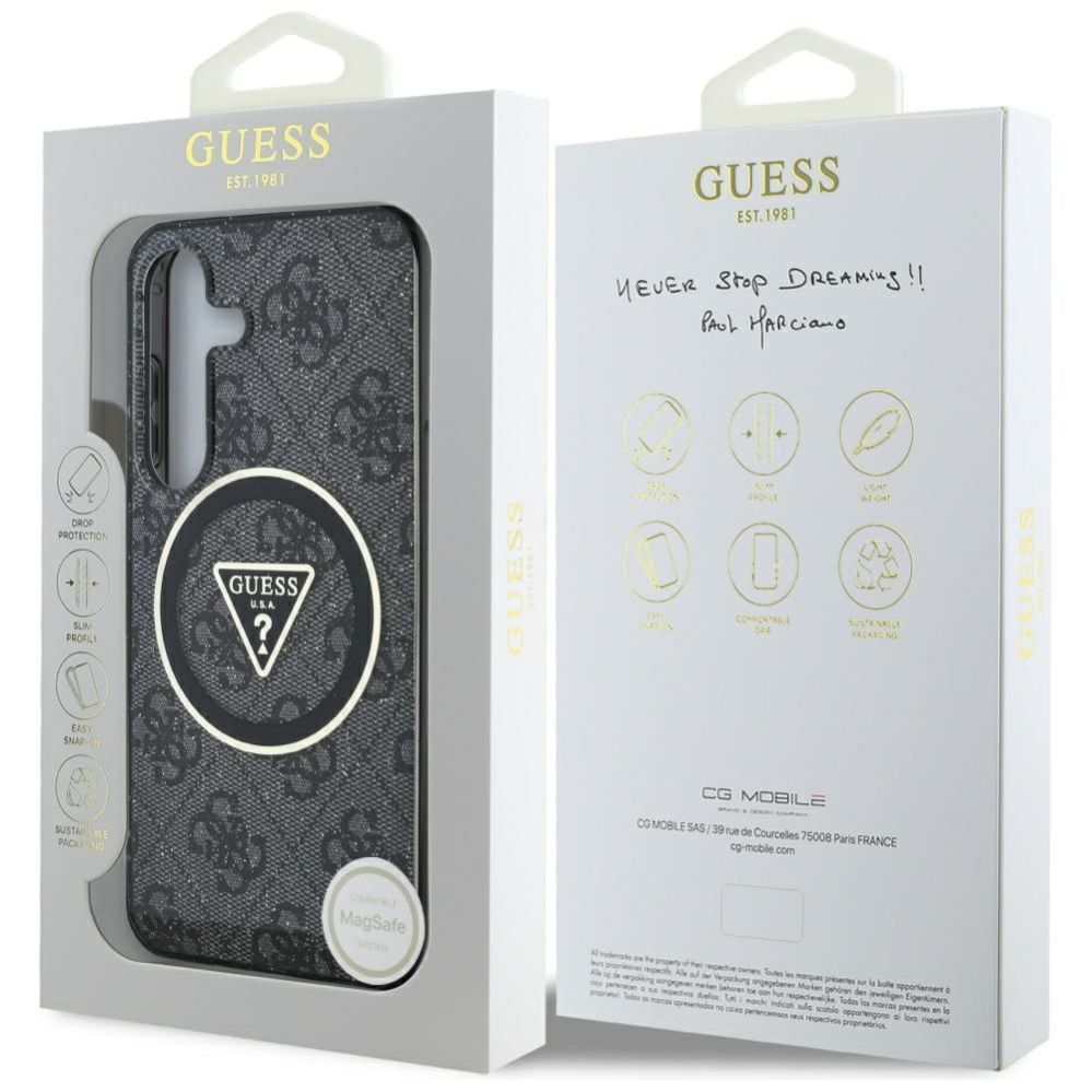 Citas preces Guess Guess 4G Glitter Triangle Buttons MagSafe case for Samsung Galaxy S25 black