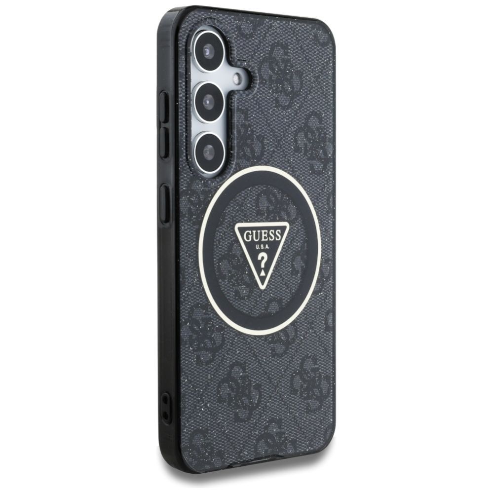Citas preces Guess Guess 4G Glitter Triangle Buttons MagSafe Case for Samsung Galaxy S25 Plus Black