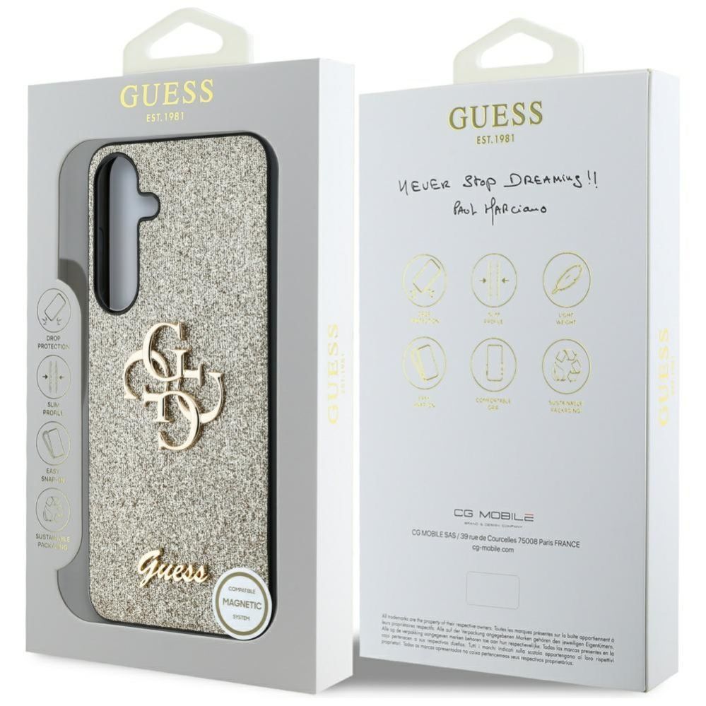 Citas preces Guess Guess Fixed Glitter Big 4G Metal Logo case for Samsung Galaxy S25 gold