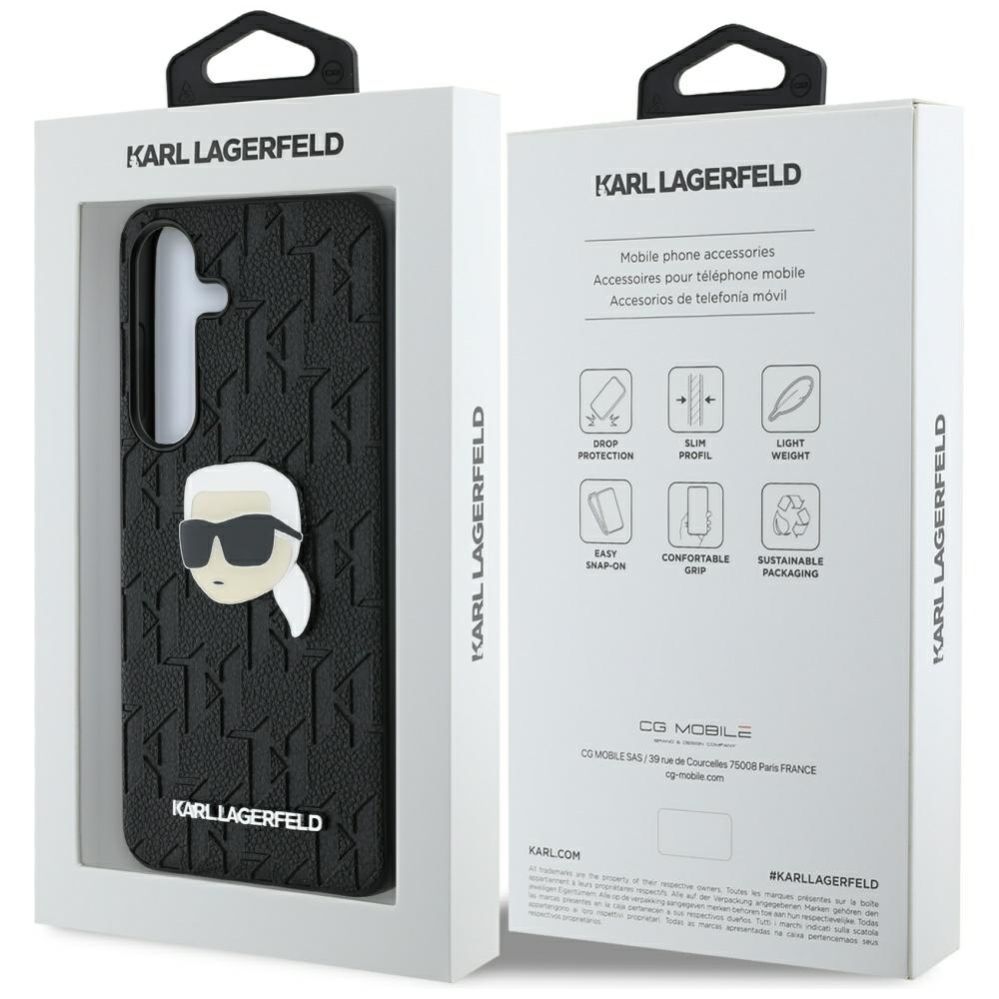Citas preces Karl Lagerfeld Karl Lagerfeld Leather Monogram Pin Logo Karl Head Samsung Galaxy S25 Case Black