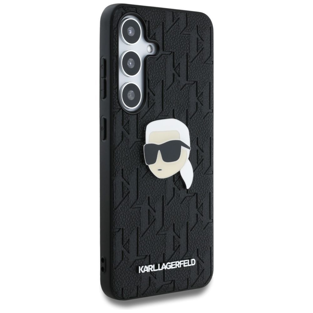 Citas preces Karl Lagerfeld Karl Lagerfeld Leather Monogram Pin Logo Karl Head Samsung Galaxy S25 Case Black