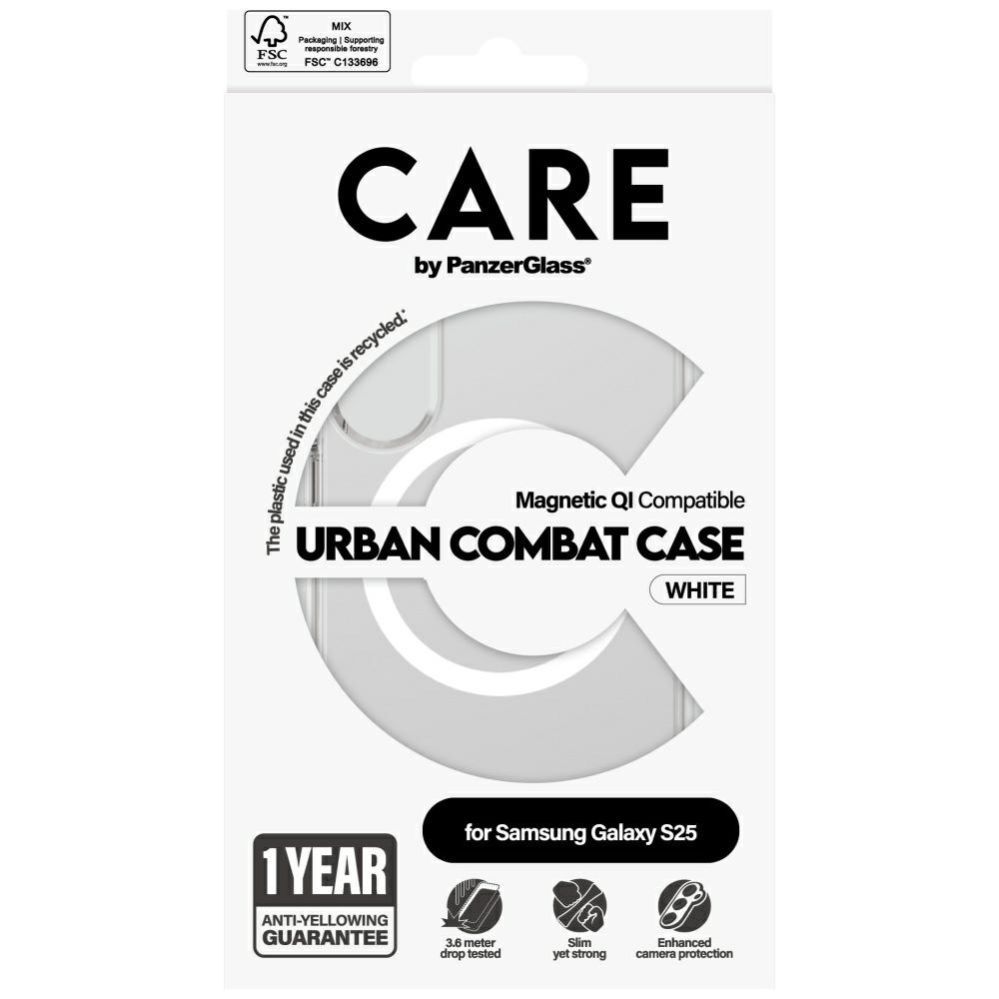 Citas preces Panzer Glass CARE by PanzerGlass Flagship Urban Combat White QI Case for Samsung Galaxy S25 - Transparent